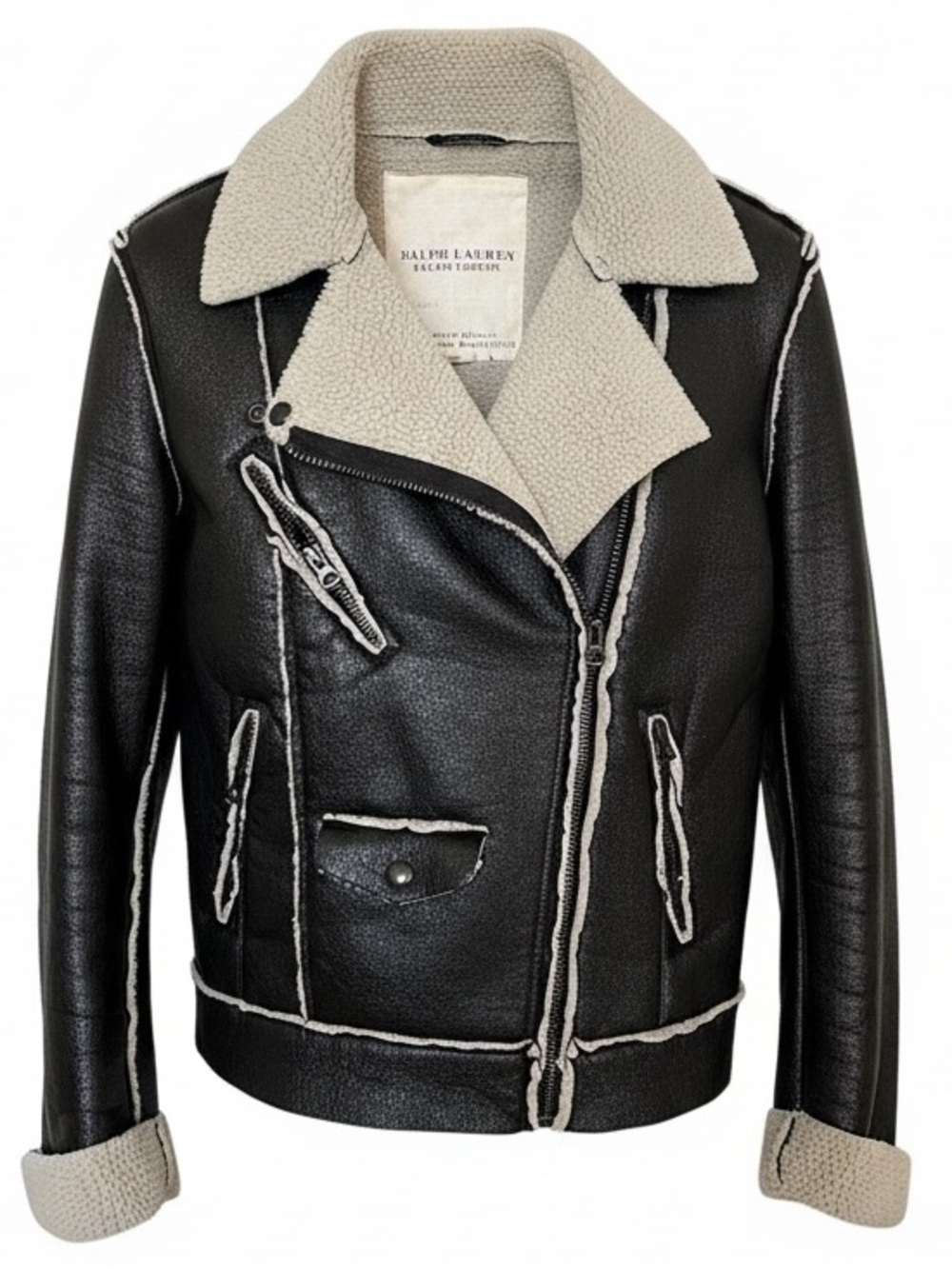 Ralph Lauren Denim & Supply Black Jacket with Cream Shearling Trim - L